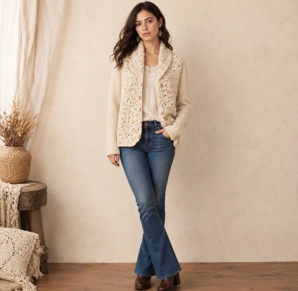 Coldwater Creek VTG Wool Angora Cardiagn Sweater Crochet Button Ivory L Y2K Boho